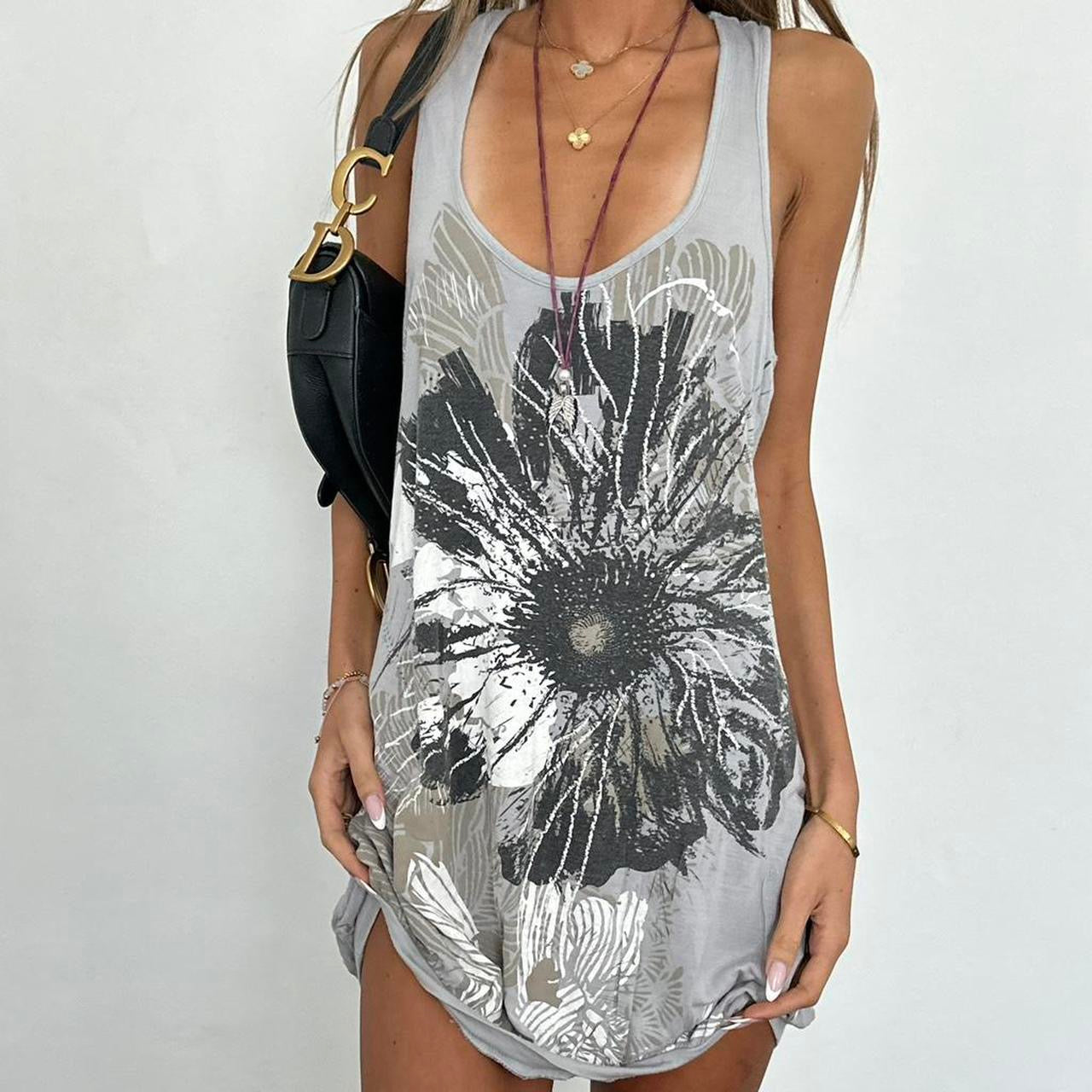 Vintage 00s flower print grey dress