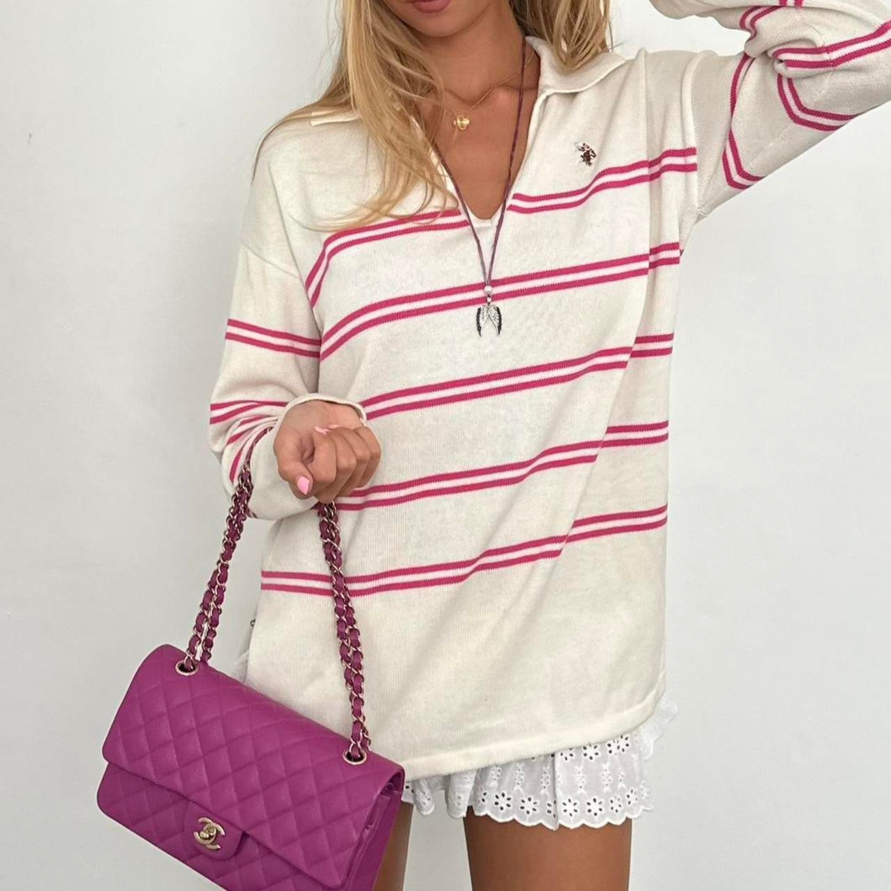 Vintage 2000’s Polo Ralph Lauren striped pink and white v neck sweater
