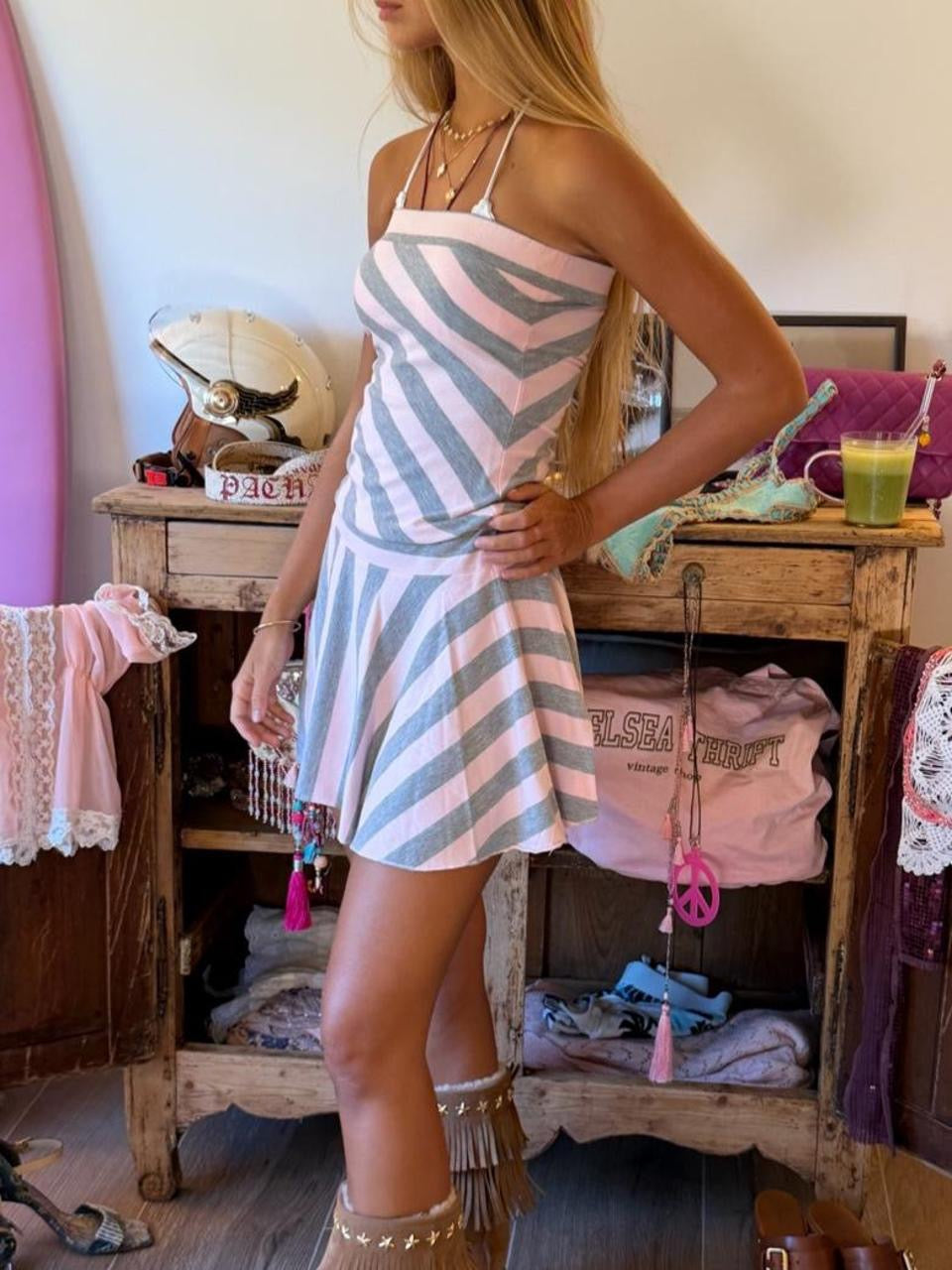 Vintage 00’s pinks and grey striped mini dress