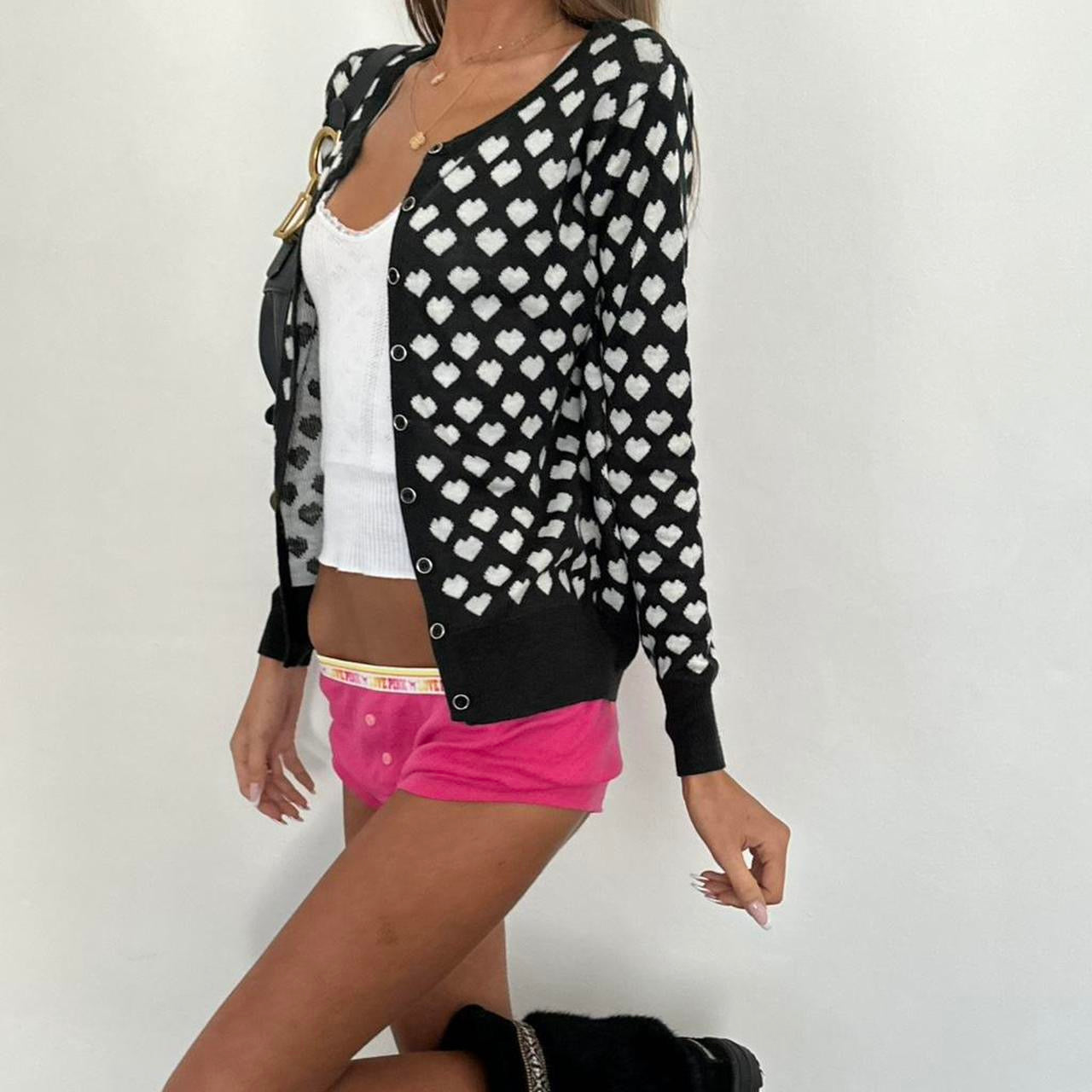Vintage 00s black and white heart print cardigan
