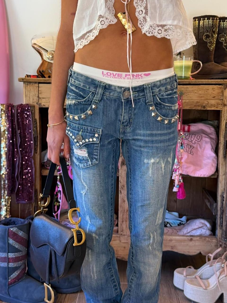 Vintage 00s studded distressed bootcut jeans