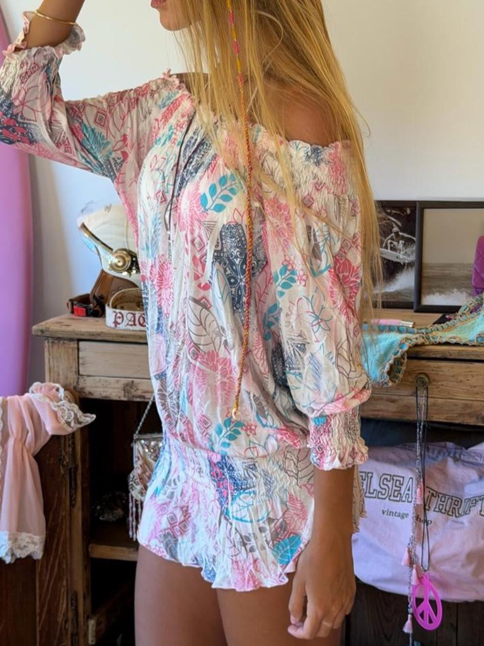 Vintage 00’s pink whimsical off shoulder mini dress