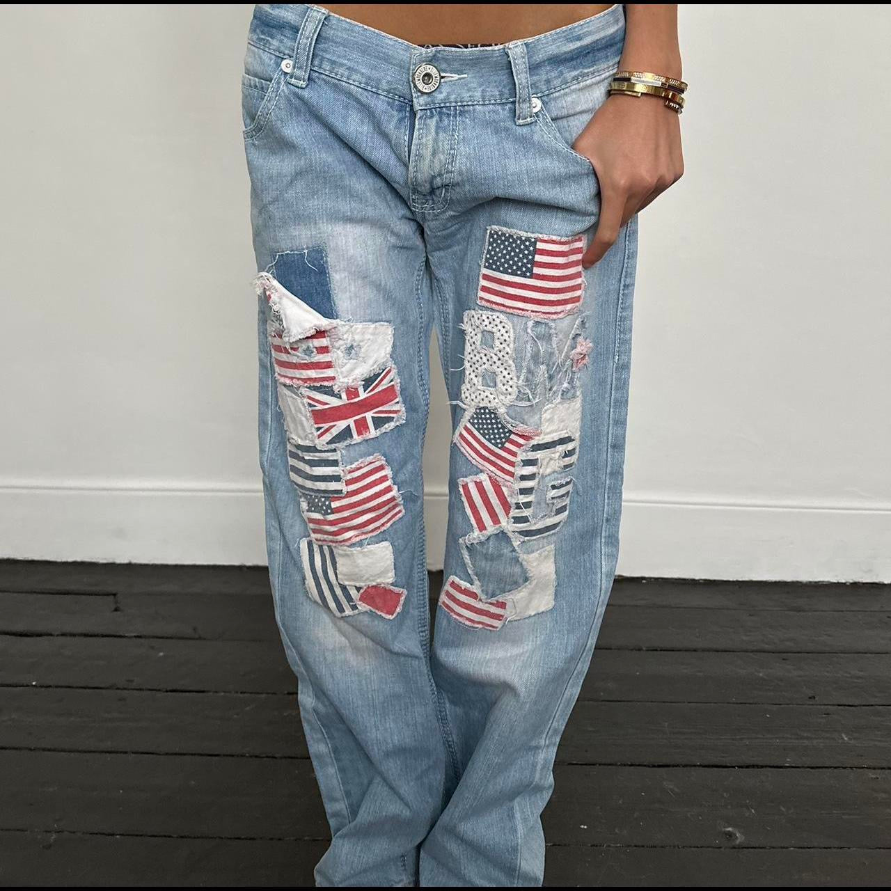 Vintage 2000’s flag blue distressed jeans USA 🇺🇸🇬🇧🩵