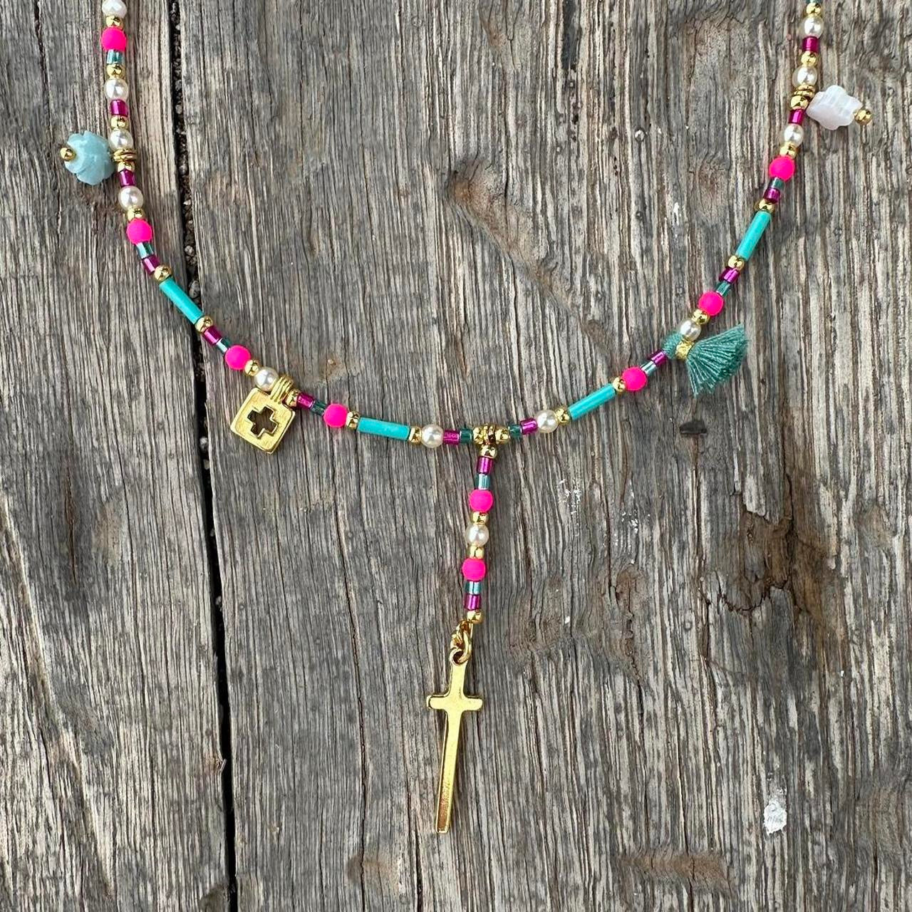 Handmade island cross beaded necklace