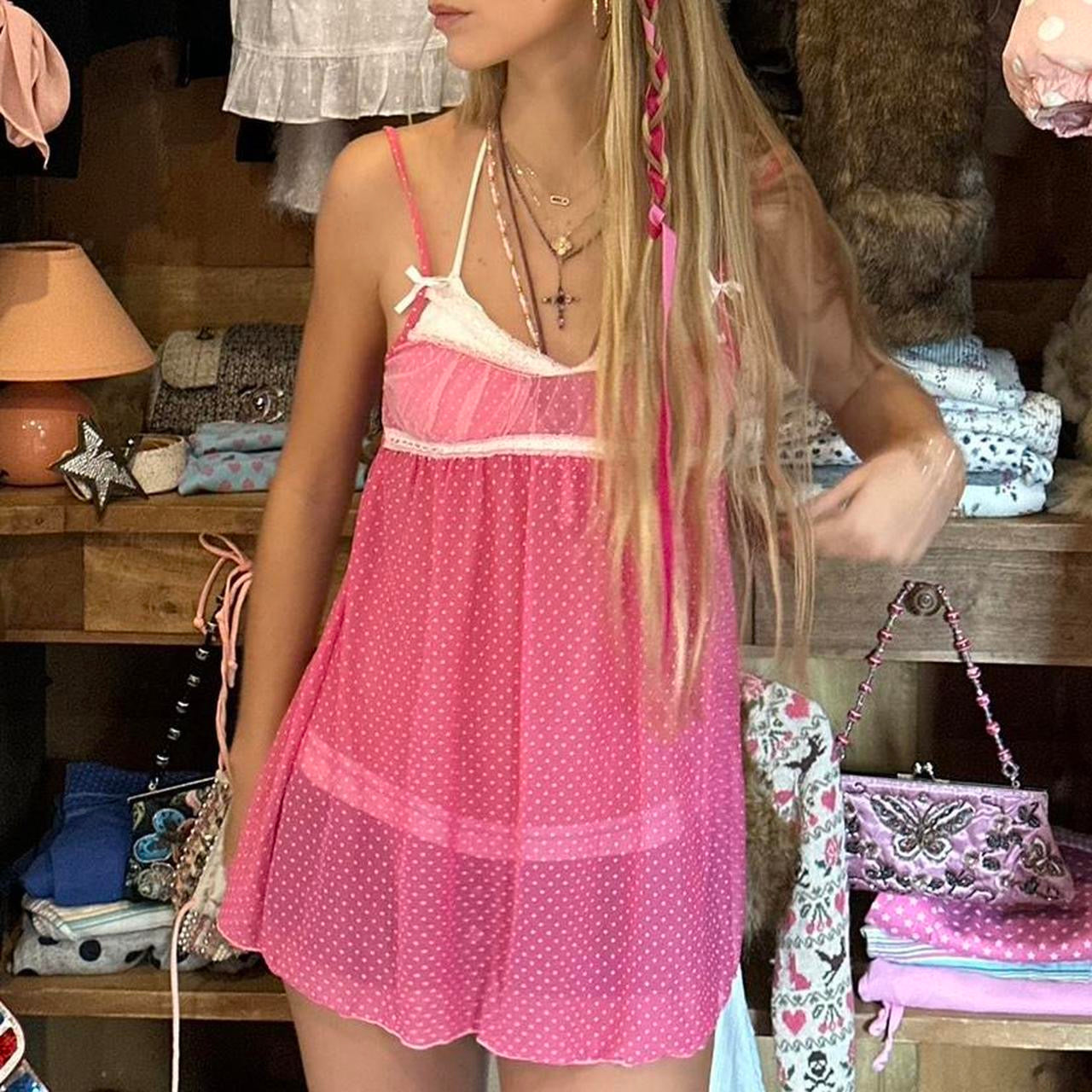 Vintage pink mesh lace babydoll top