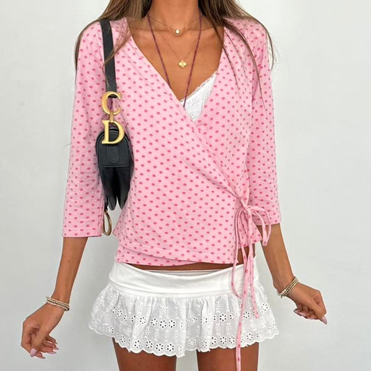 Vintage 2000s pink polka dot wrap cardigan top