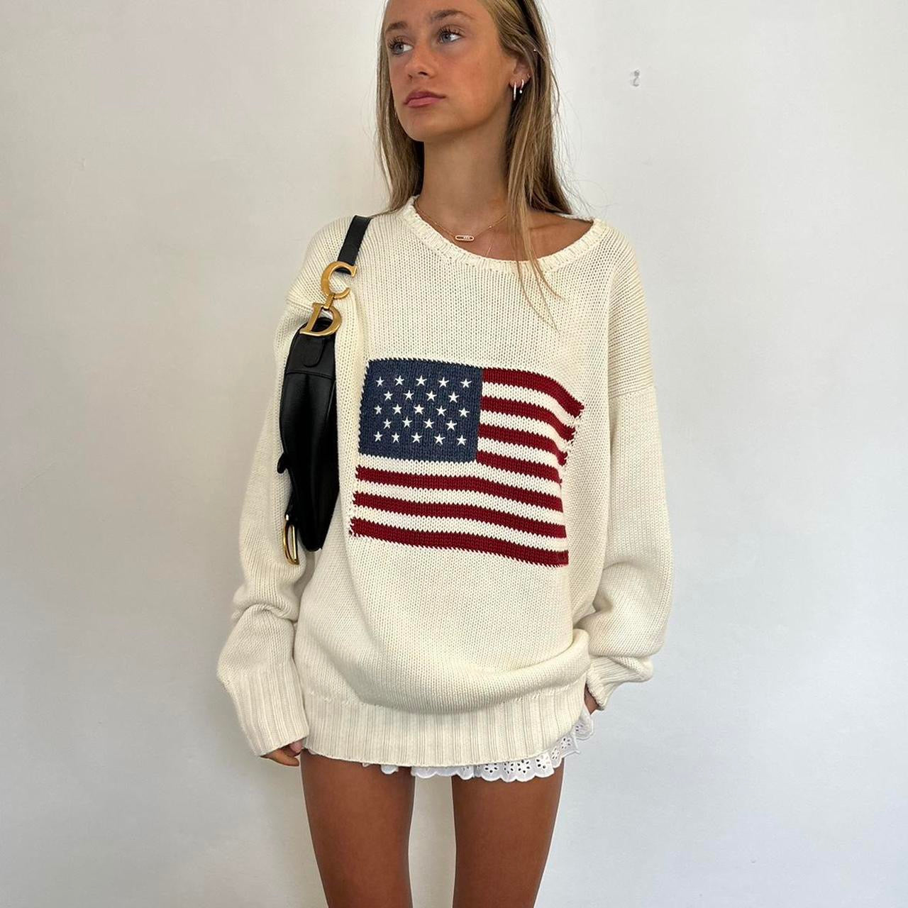 Vintage 90s Ralph Lauren white American flag knitted sweater