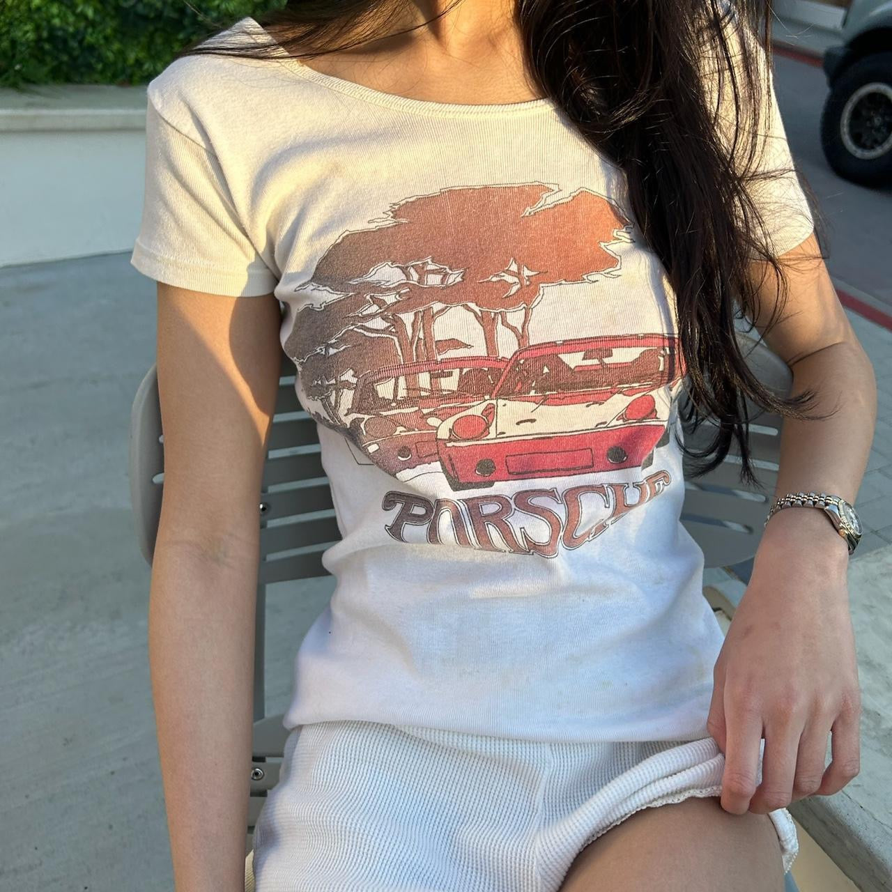 Vintage Porsche white off the shoulder top