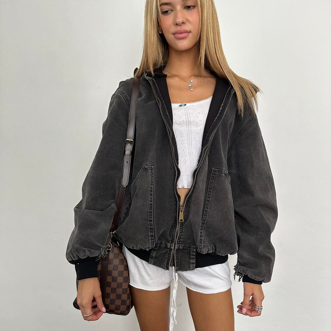 Vintage 90’s grey distressed faded hooded bomber jacket