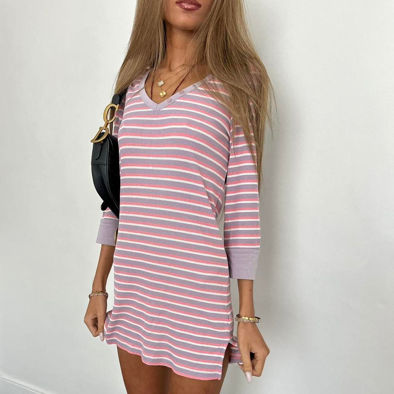 Vintage 00s light pink and blue striped long sleeve mini dress
