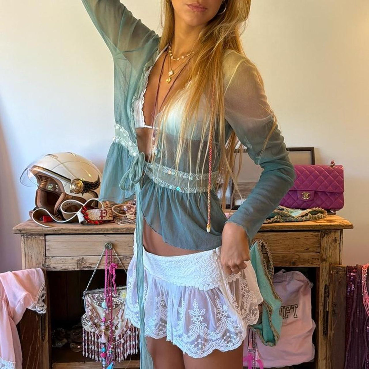 Vintage 00’s turquoise sheer tie up cardigan top