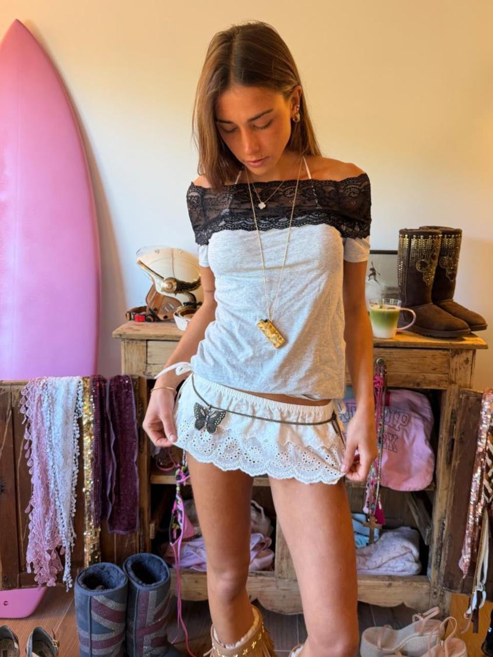 Vintage 00’s grey and black lace off shoulder top