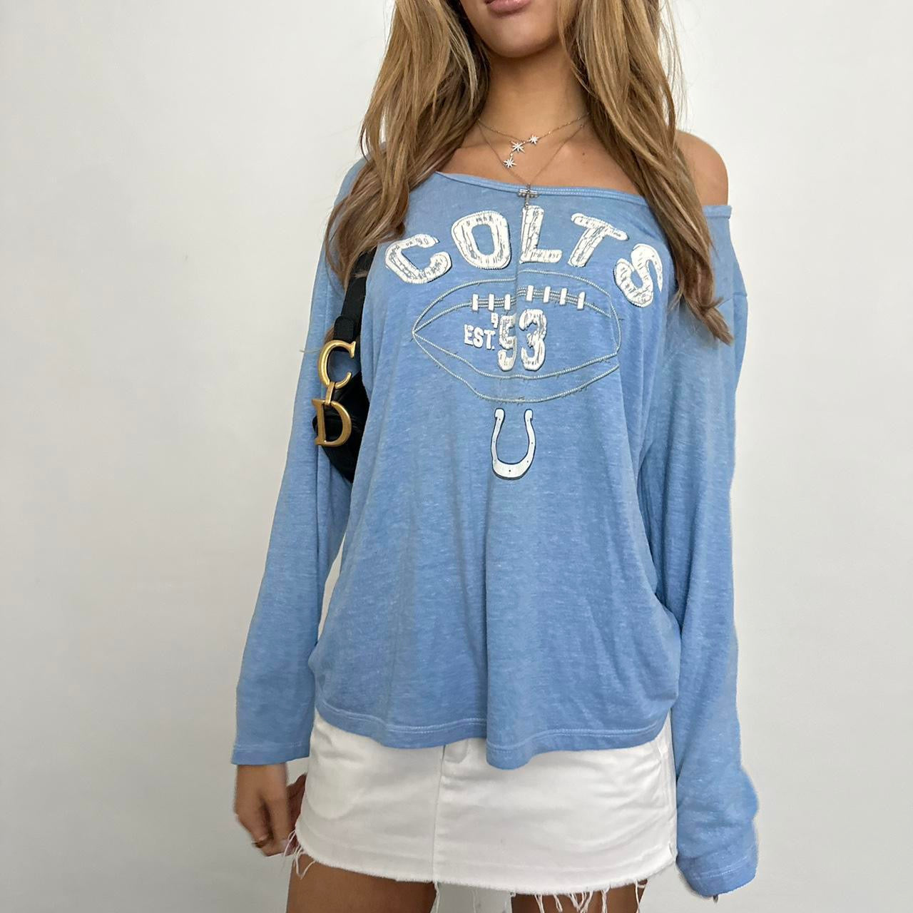 Vintage sporty football blue off shoulder long sleeve top ♡