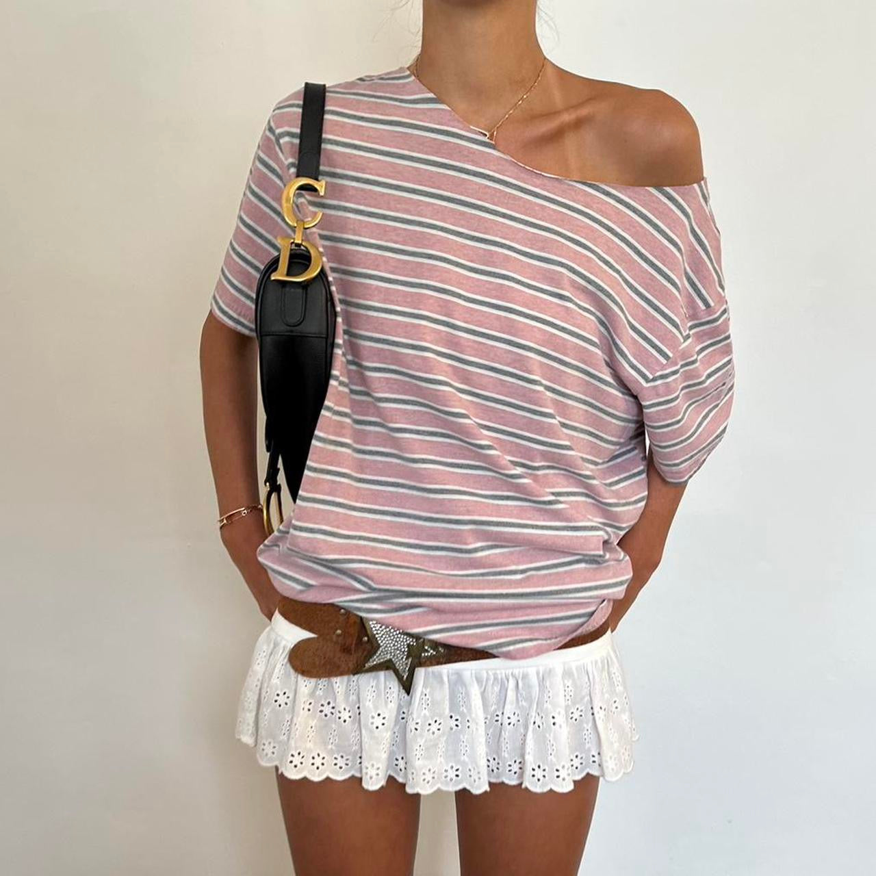 Vintage striped off the shoulder tee