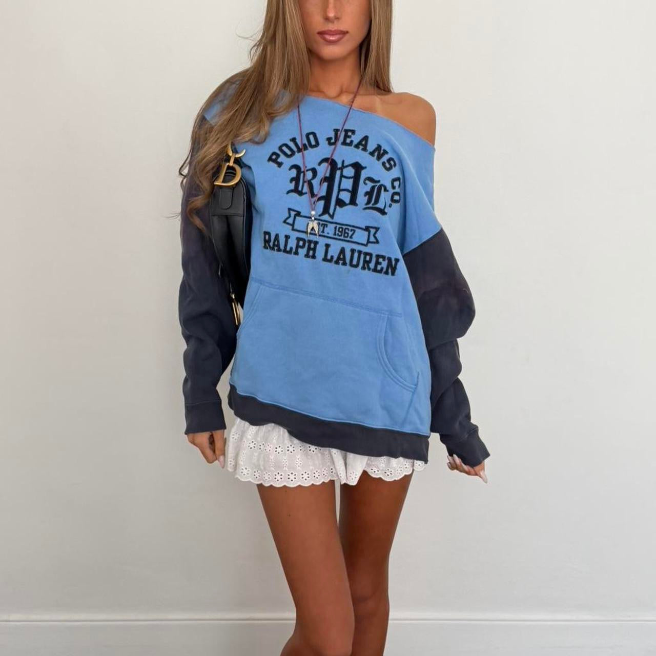 Vintage 90’s Polo Ralph Lauren blue sweatshirt off shoulder