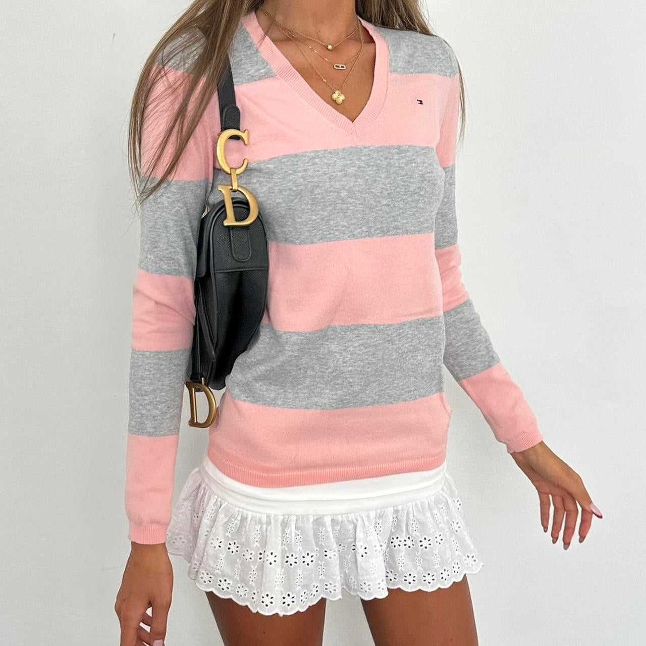Vintage 90’s Tommy Hilfiger striped pink and grey sweater