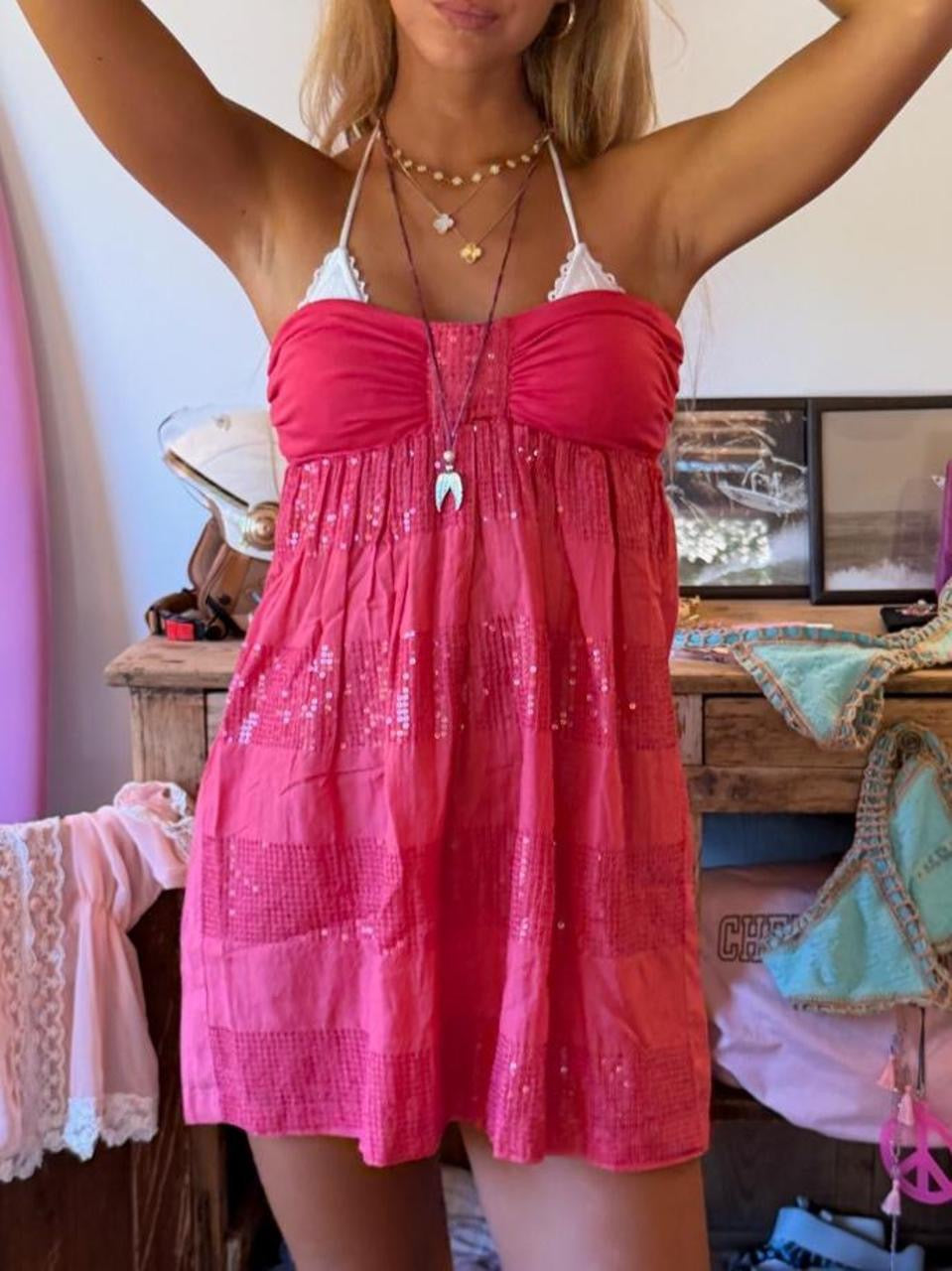 Vintage 00’s pink sequin strapless mini dress
