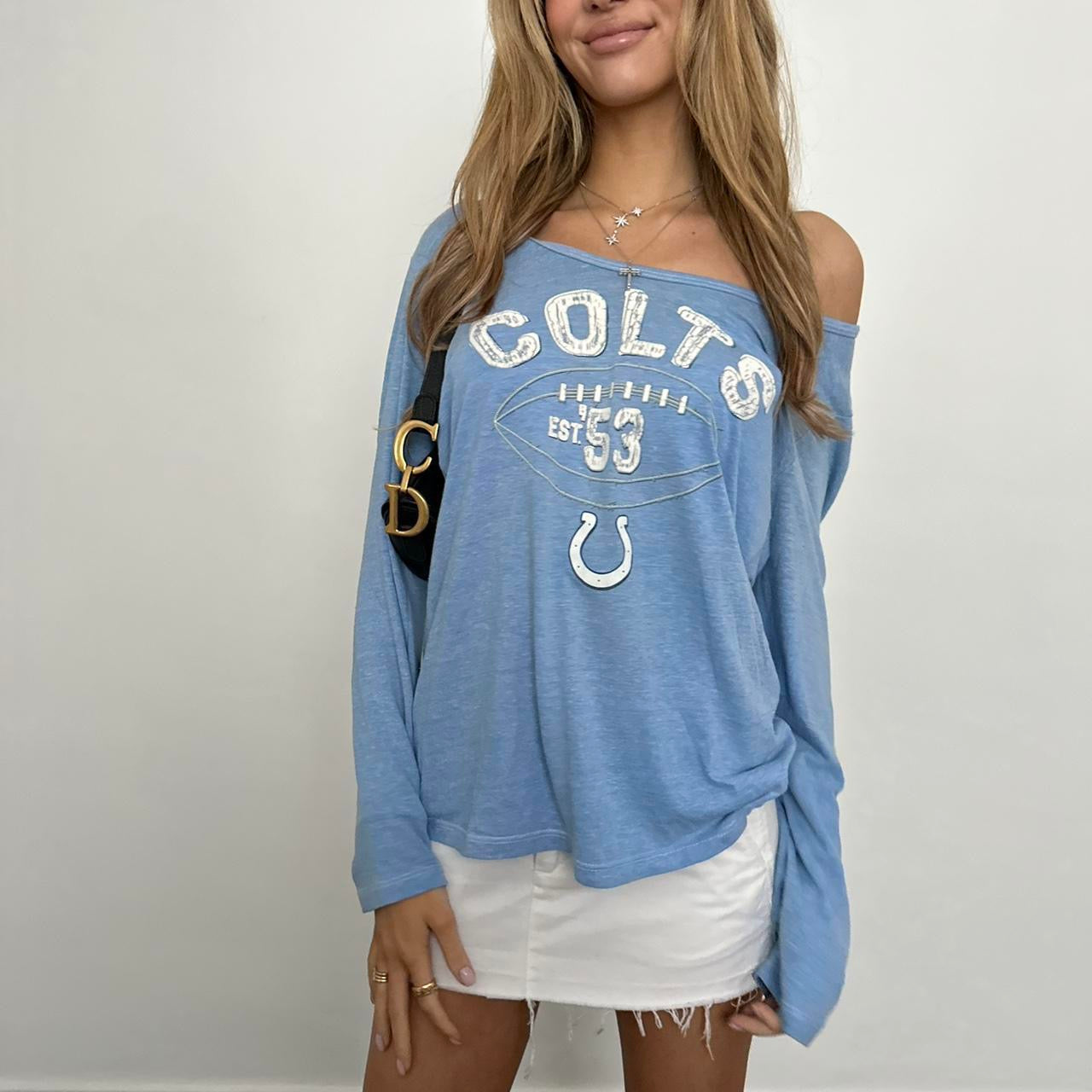 Vintage sporty football blue off shoulder long sleeve top ♡