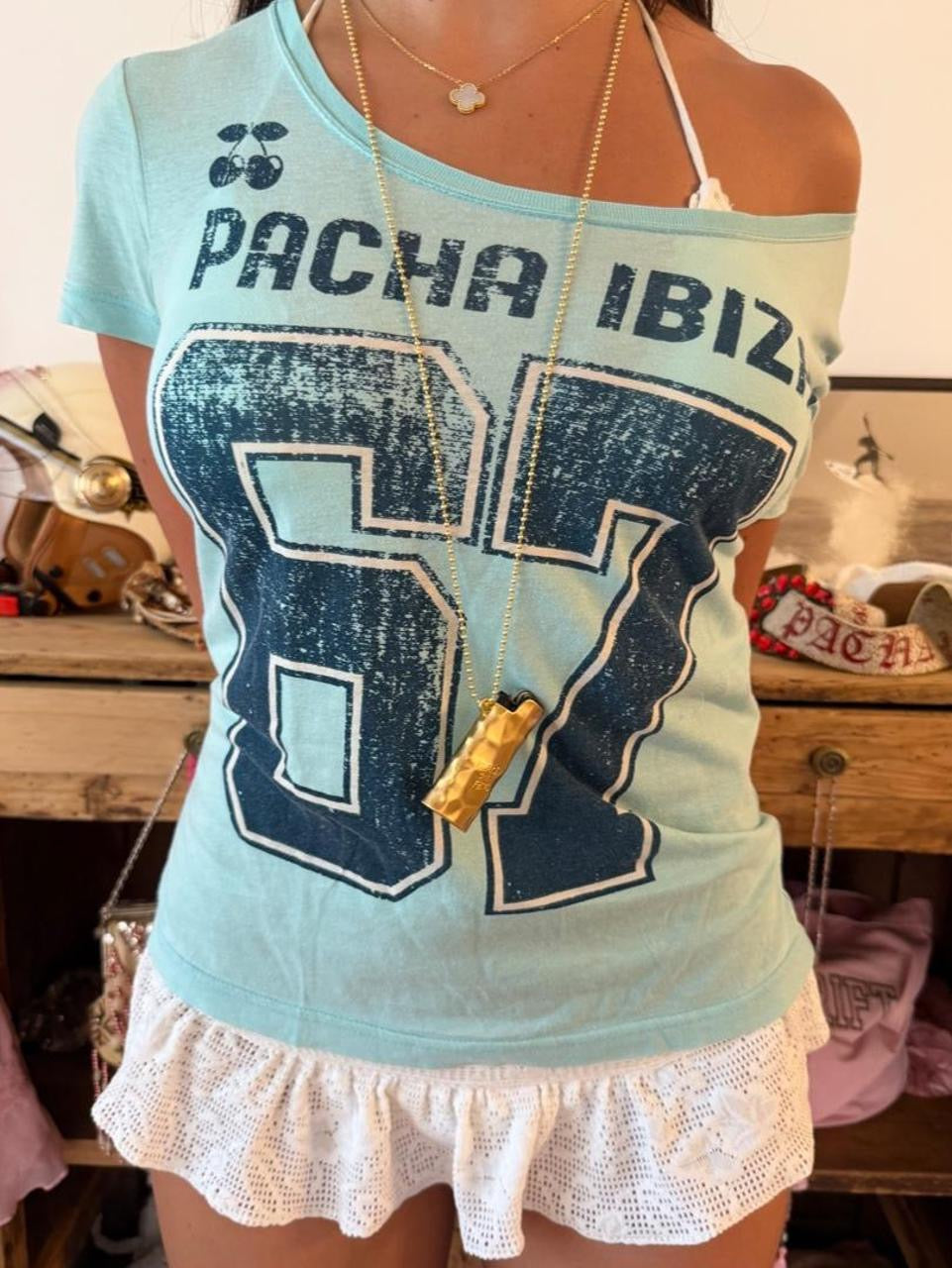 Vintage 00’s Pacha Ibiza blue graphic off the shoulder top