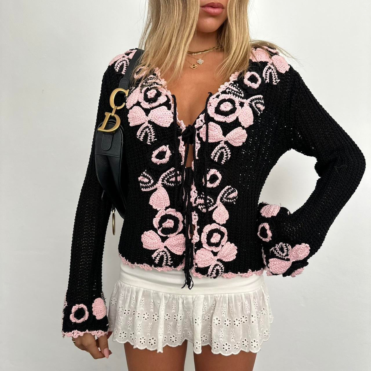 Vintage black and pink crochet long sleeve top