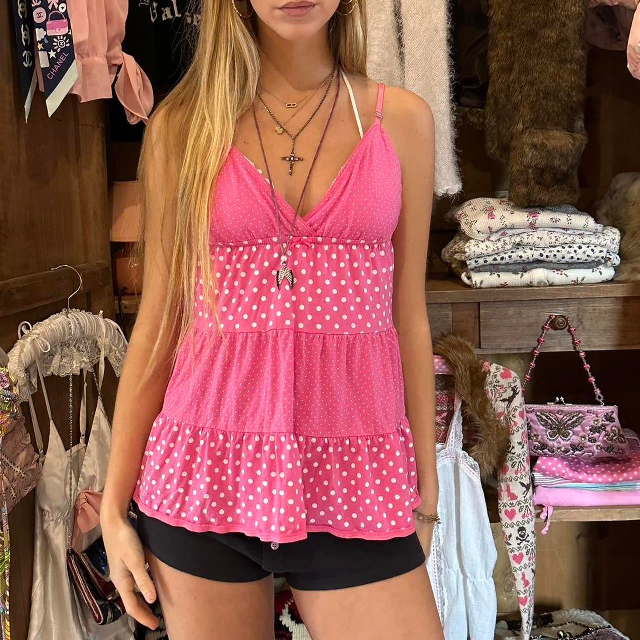 Vintage 2000’s Victoria’s Secret pink polka dot babydoll top