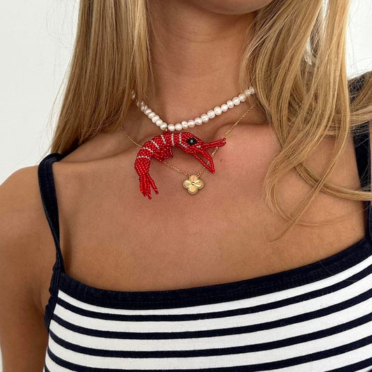 Vintage pearl handmade beaded prawn necklace