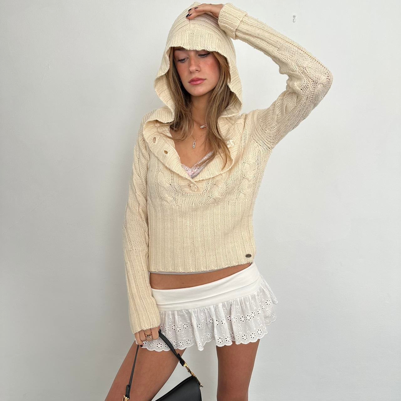 Vintage cream cable knit hooded sweater