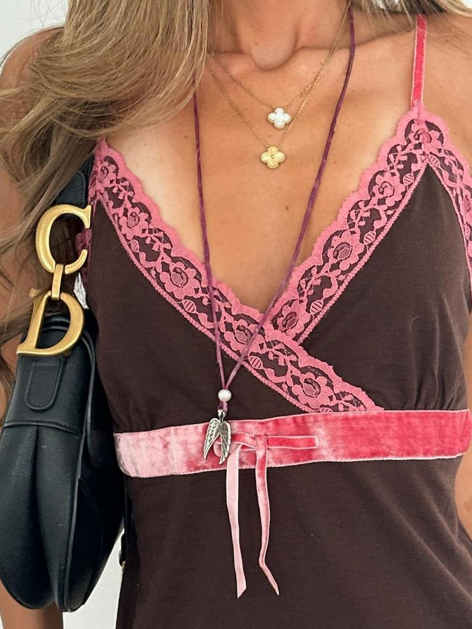 Vintage 00’s brown and pink lace cami top