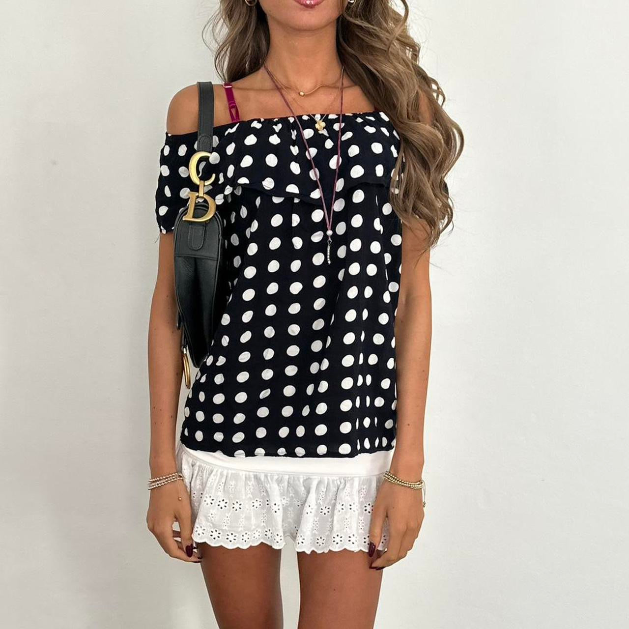 Vintage black polka dot off shoulder top