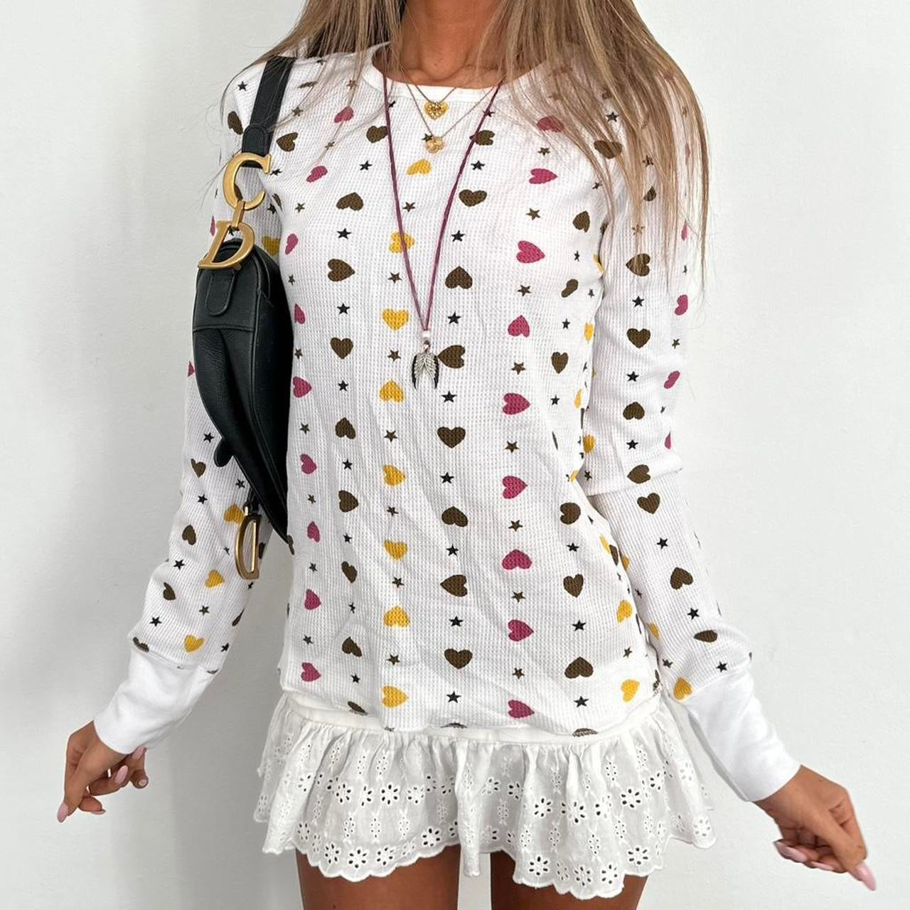 Vintage 2000s heart and stars waffle long sleeve top