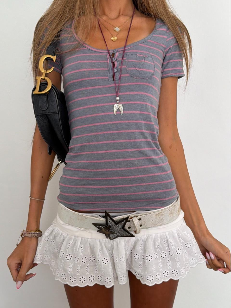 Vintage 00’s grey and pink stripe button top