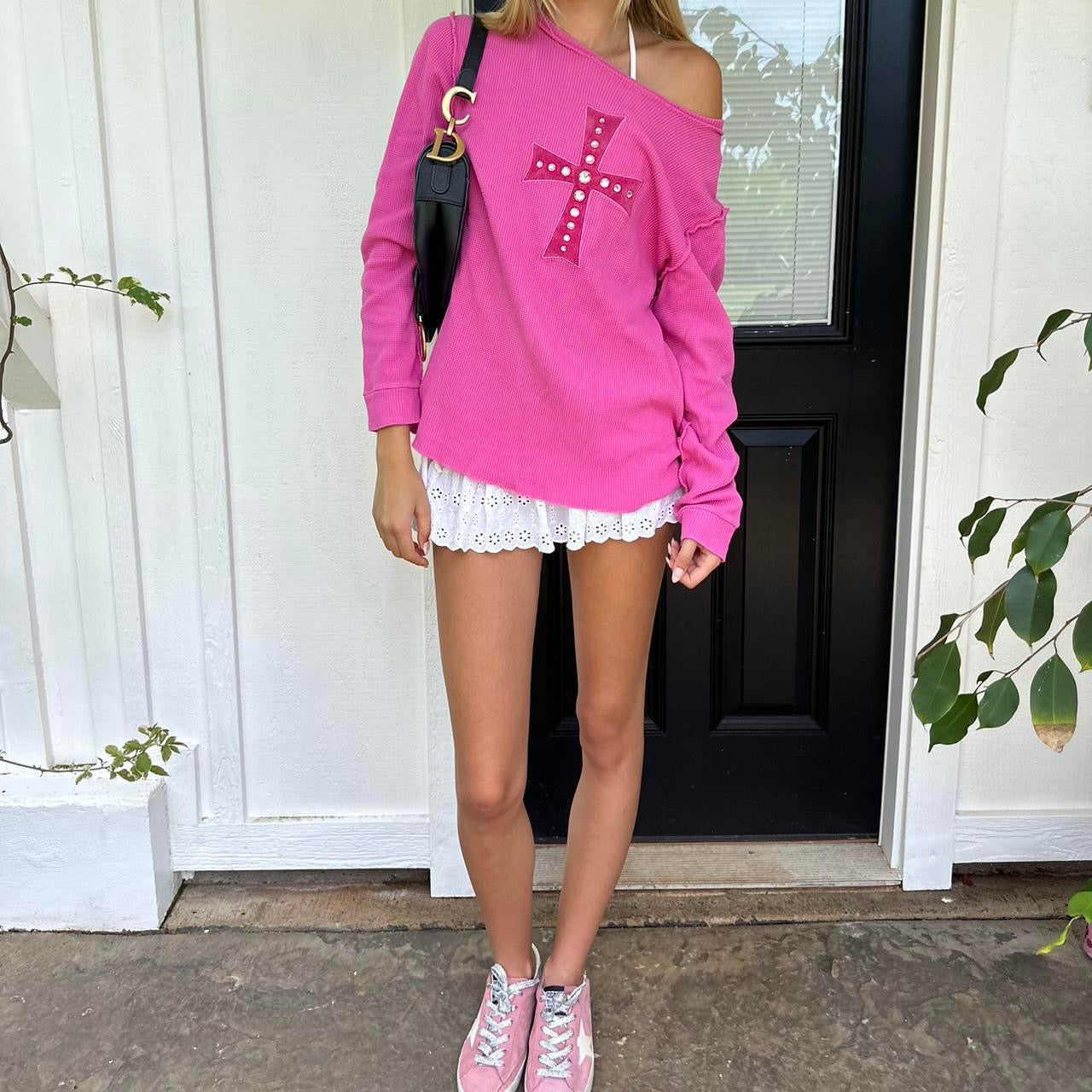 Vintage pink cross waffle long sleeve top