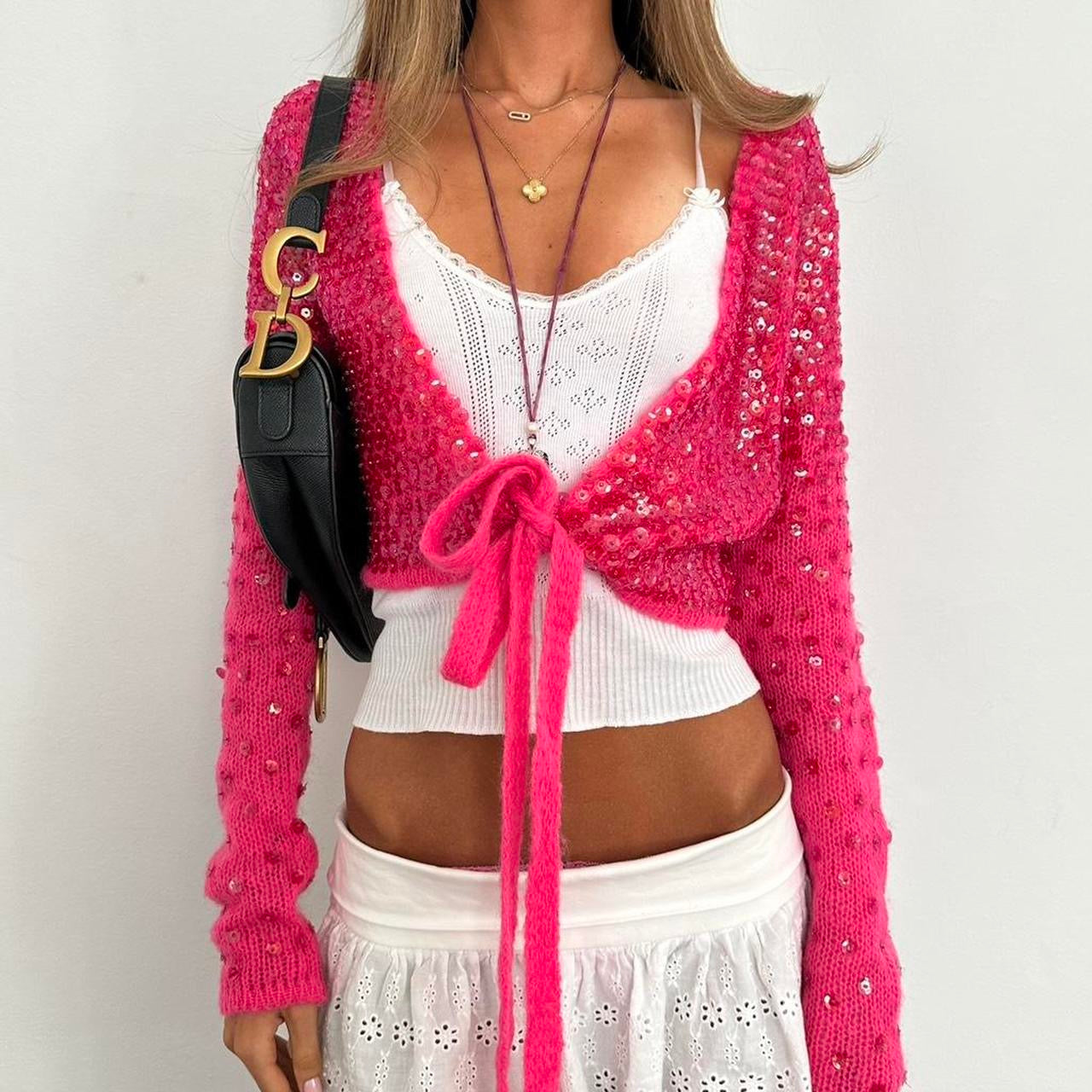 Vintage 2000s Versace pink knit sequin layering long sleeve top