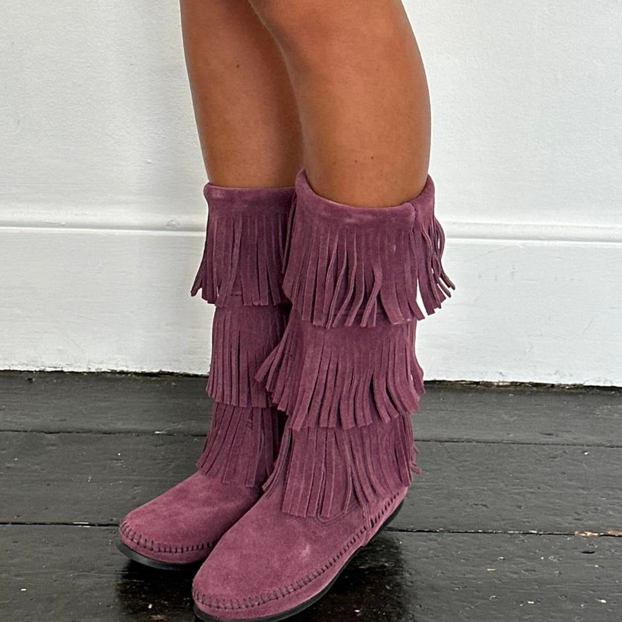 Vintage plum suede fringe leather boots