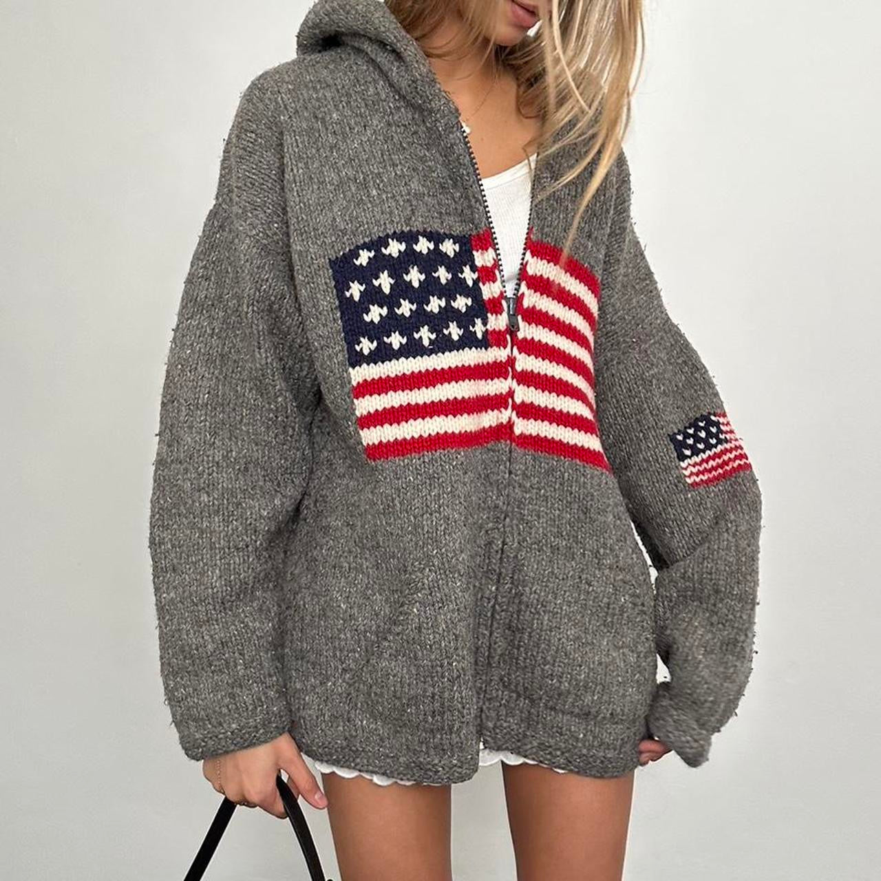 Vintage 90’s American flag grey knit zip up jacket 🤎