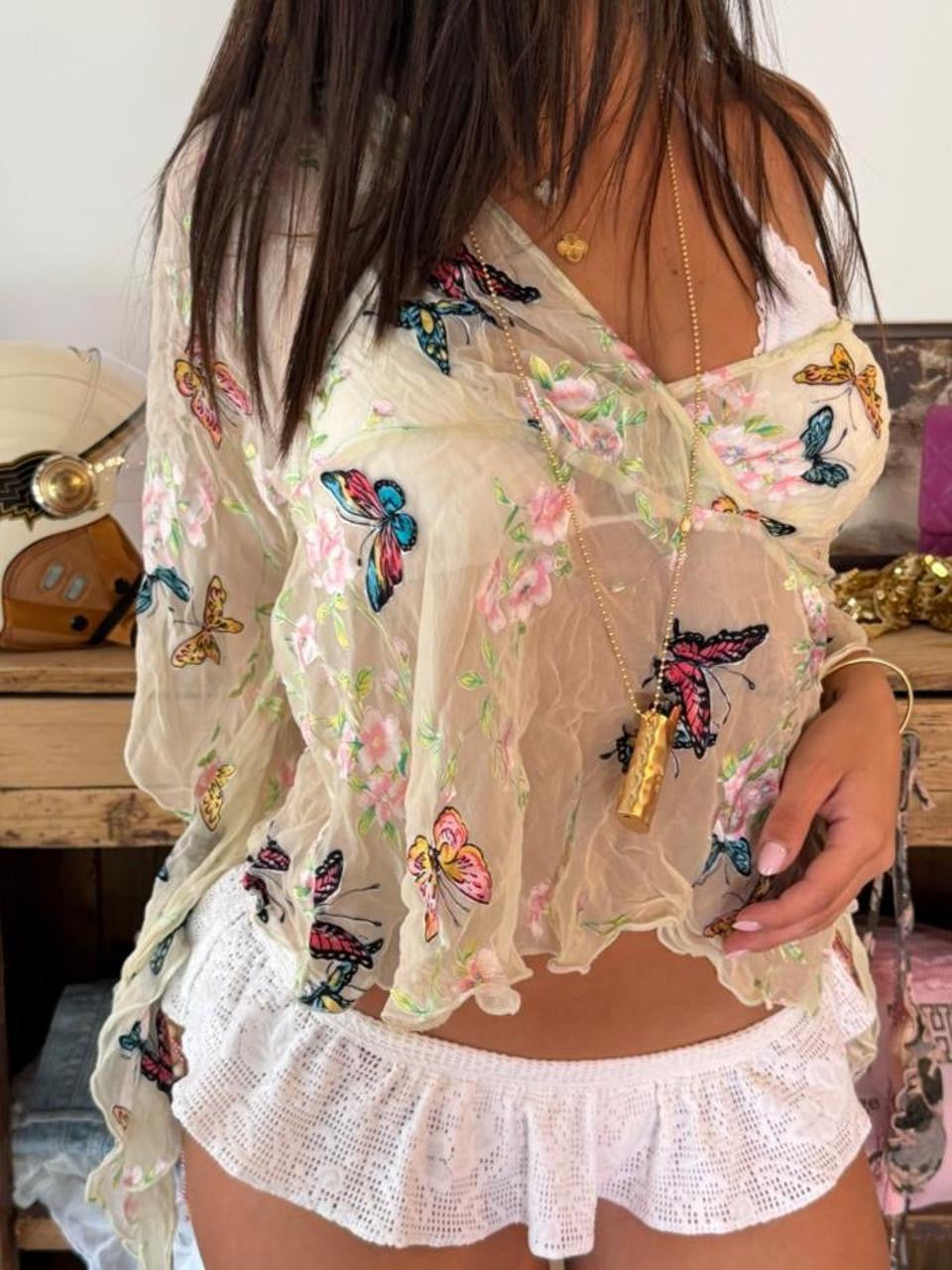 Vintage 00s butterfly mesh wrap top