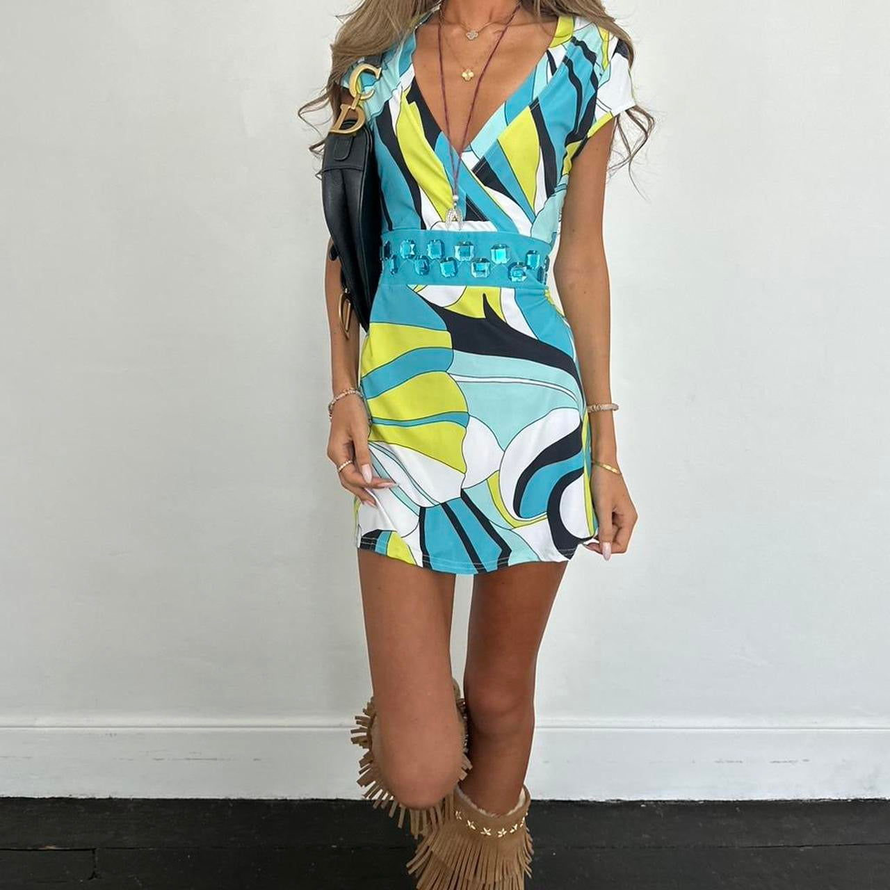 Vintage 00s blue geometric flower mini dress