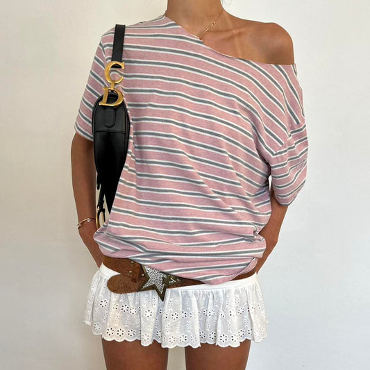 Vintage striped off the shoulder tee