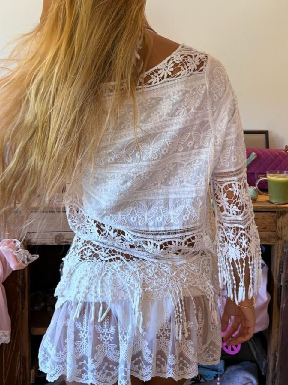 Vintage 00’s boho butterfly white tie up top