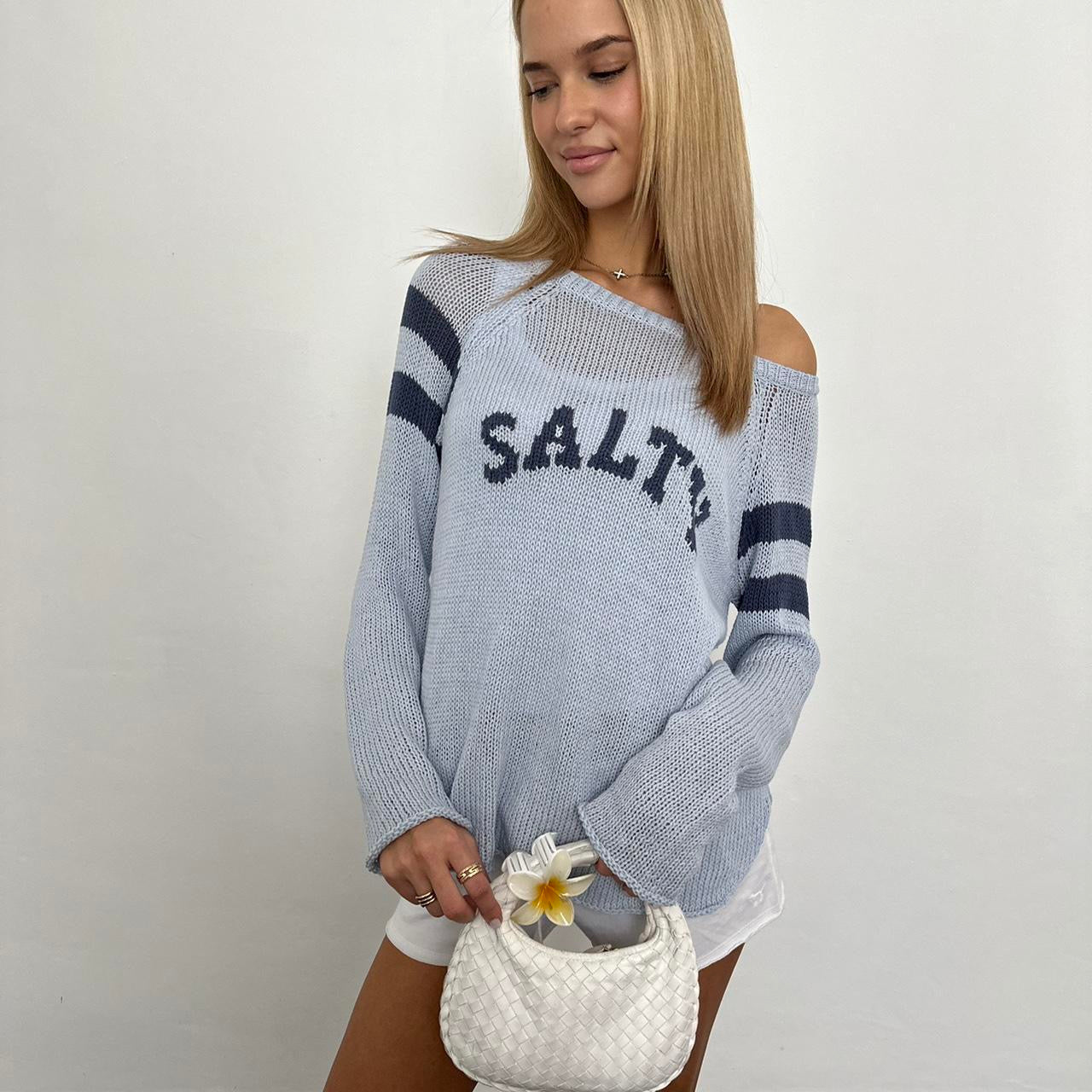 Vintage salty island girl aesthetic blue sweater