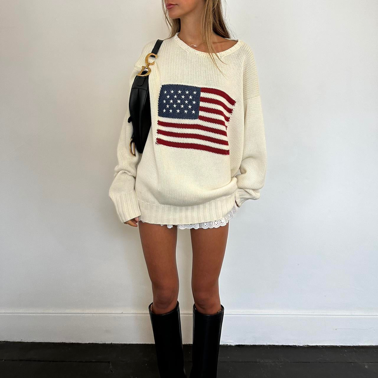 Vintage 90s Ralph Lauren white American flag knitted sweater