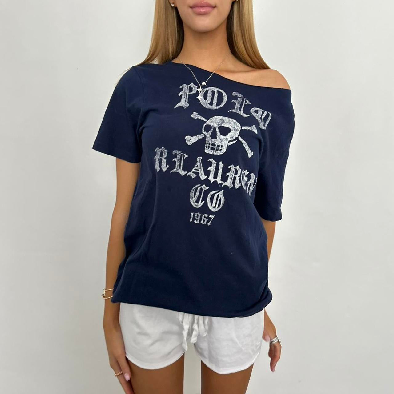 Vintage Ralph Lauren navy skull off shoulder tee