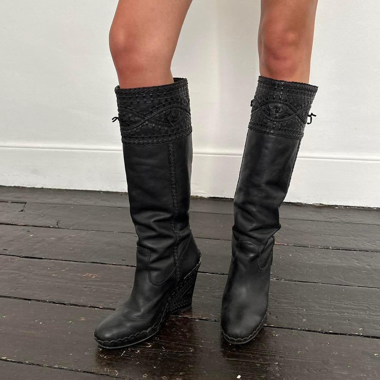 Vintage tall black wedge boots