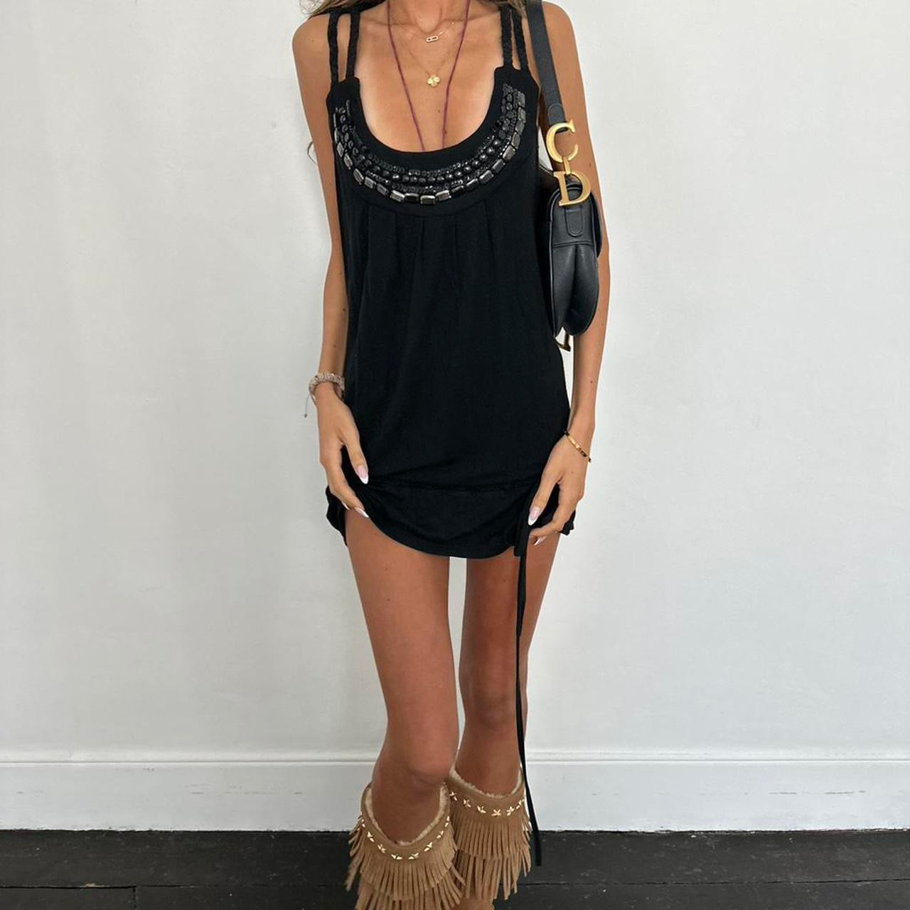 Vintage black embellished tie detail mini dress