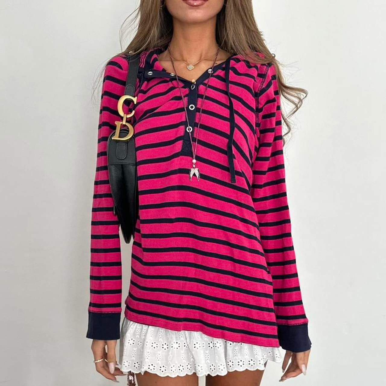 Vintage 00s pink striped ribbed hoodie top