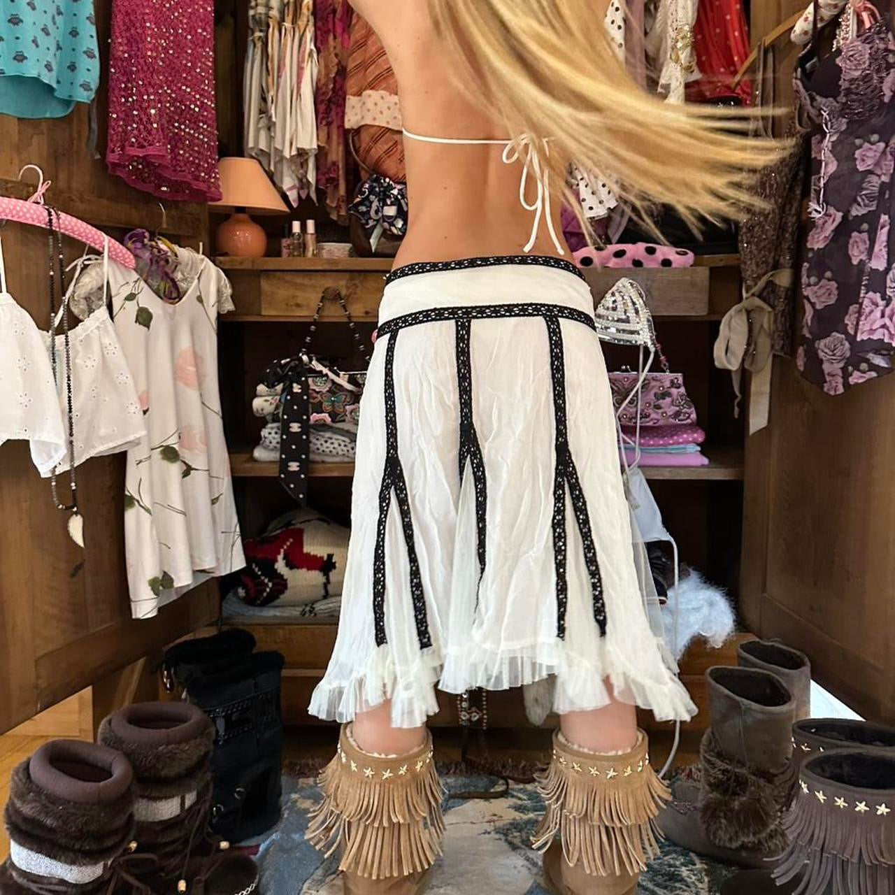 Vintage 90’s black lace and white mesh midi skirt M