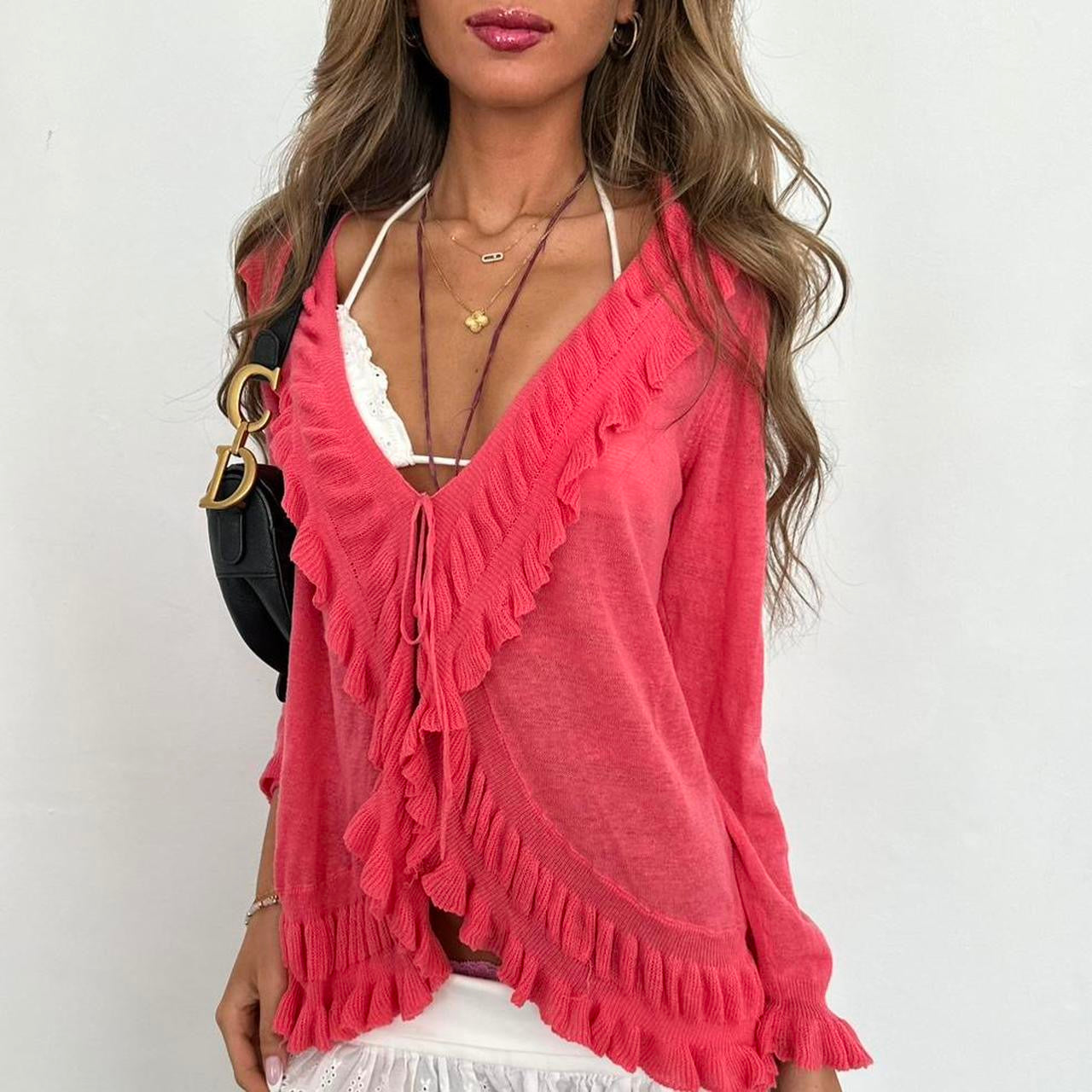 Vintage 2000s long sleeve ruffle tie up top