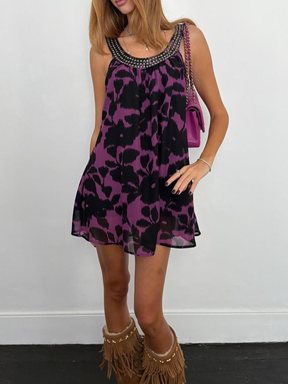 Vintage 00s purple and black black floaty mini dress