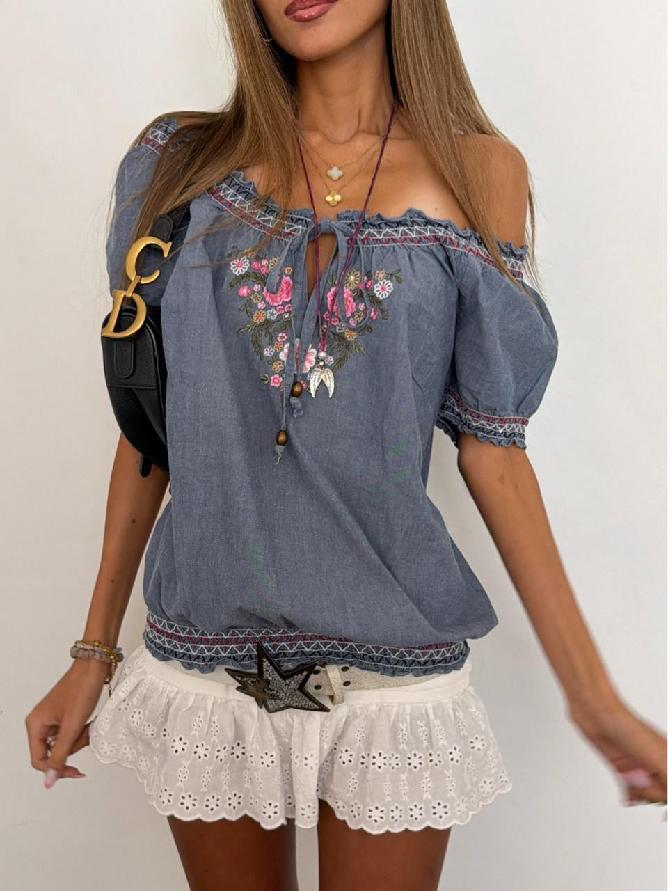 Vintage 00s denim style embroidered boho top