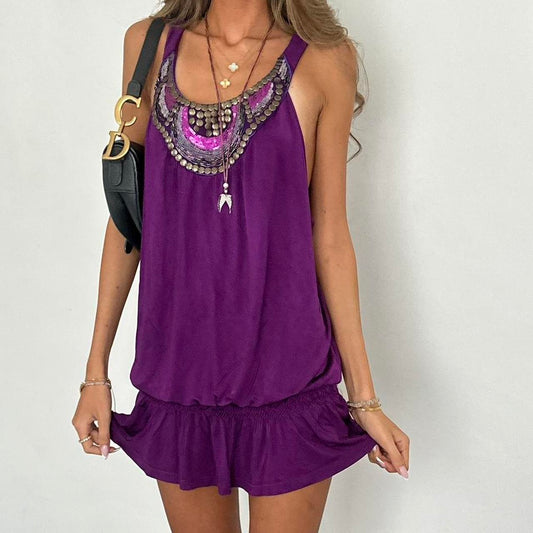 Vintage 00s purple studded boho mini dress